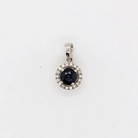 Ceylon Blue Sapphire Pendant in Solid 14K White Gold with Natural Diamond Halo - Picture 4 of 5